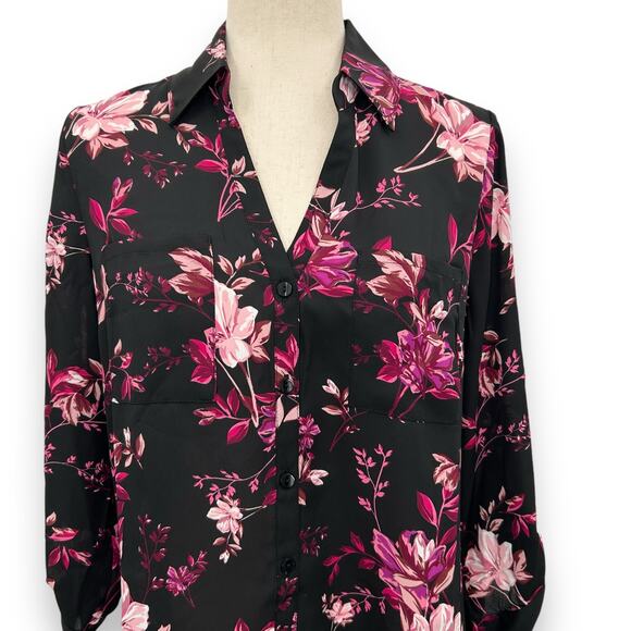 NEW BCX Black Floral Blouse Large Collared Satin Top Dark Flower Office Work - Picture 7 of 14